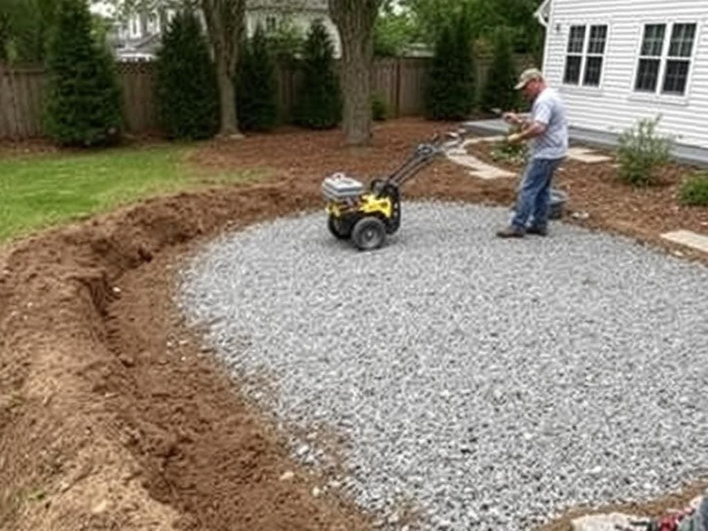 Base preparation for concrete paver installation showing crushed stone being compacted