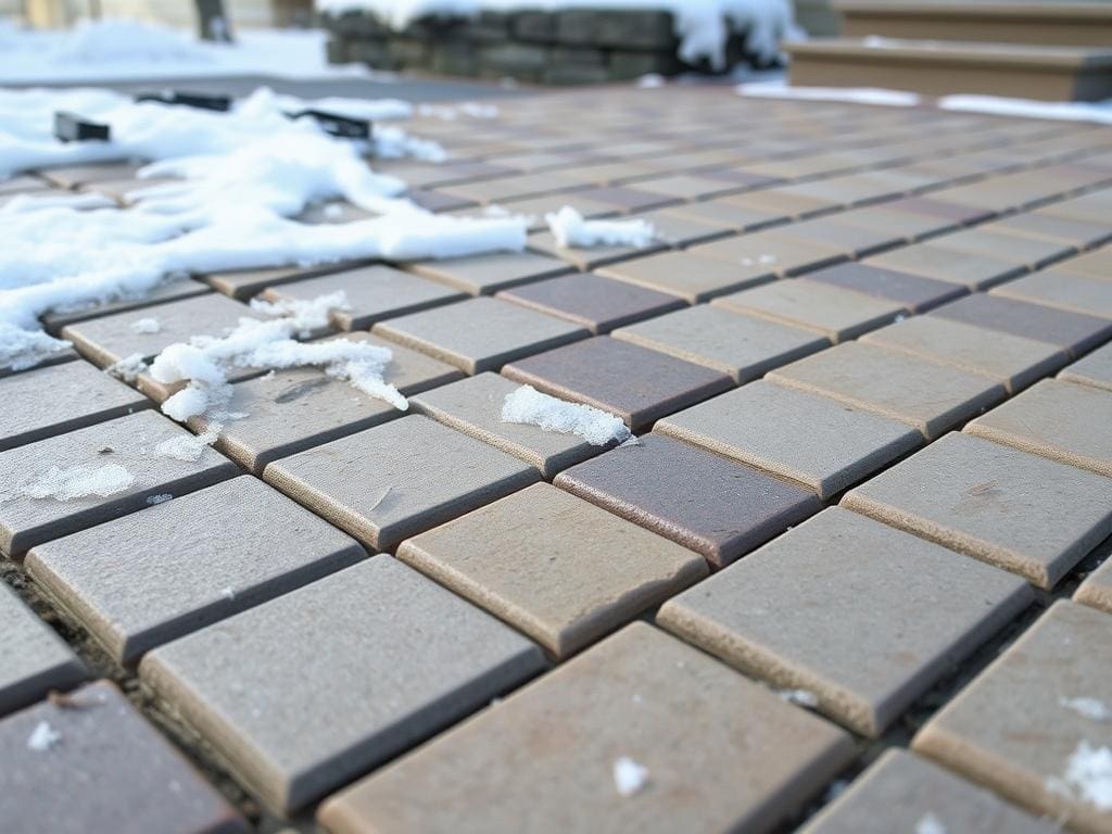 Concrete patio pavers withstanding New Jersey winter conditions with snow and ice
