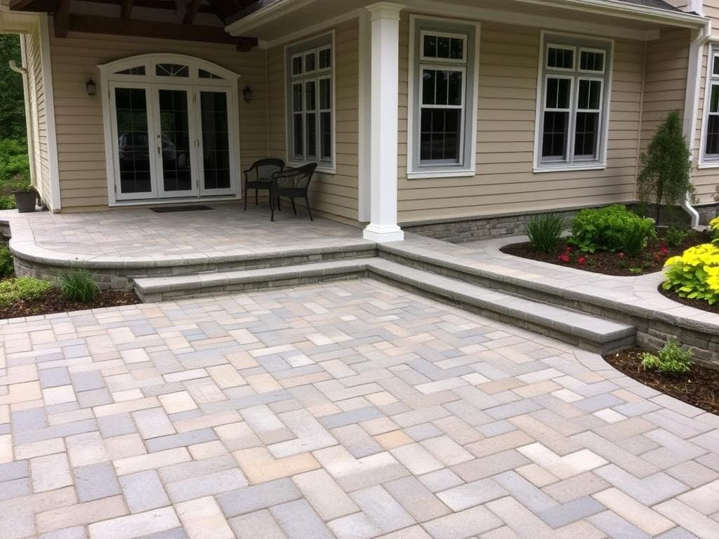 Concrete paver patio designed to complement traditional Central Jersey colonial architecture