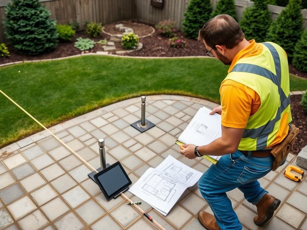 Contractor measuring and marking a patio area for concrete paver installation