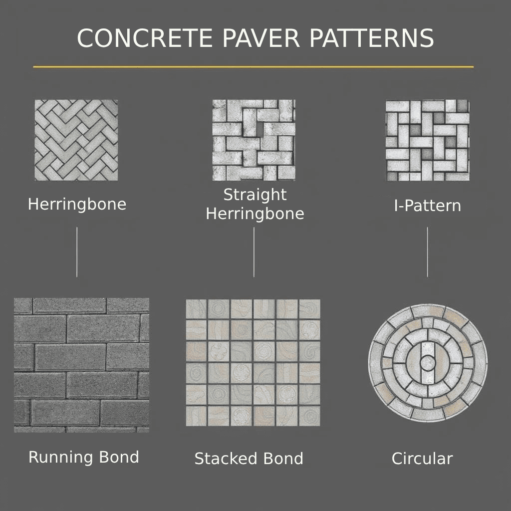 Different concrete paver patterns including herringbone, running bond, and basketweave (1)