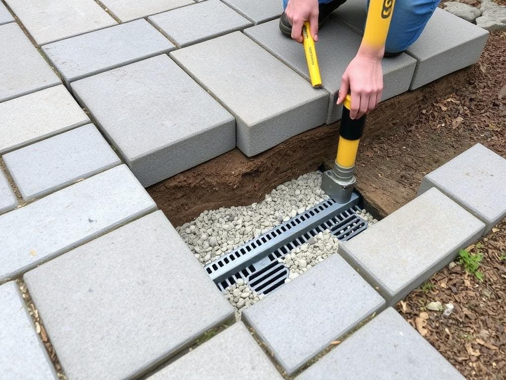 Drainage system installation for concrete paver patio in Central Jersey