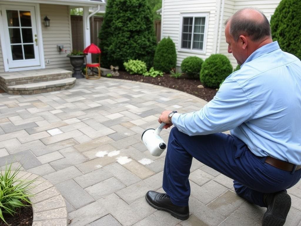 Local contractor providing maintenance service on a previously installed concrete paver patio